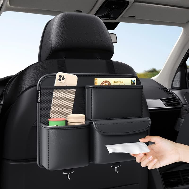LEFAFA Car Backseat Organizer, PU Leather Car Seat Back Storage Bag with Tissue Box and 4 Compartments, Large Capacity Cars Storage Box, Detachable Universal for Most Vehicles, Inner Accessories