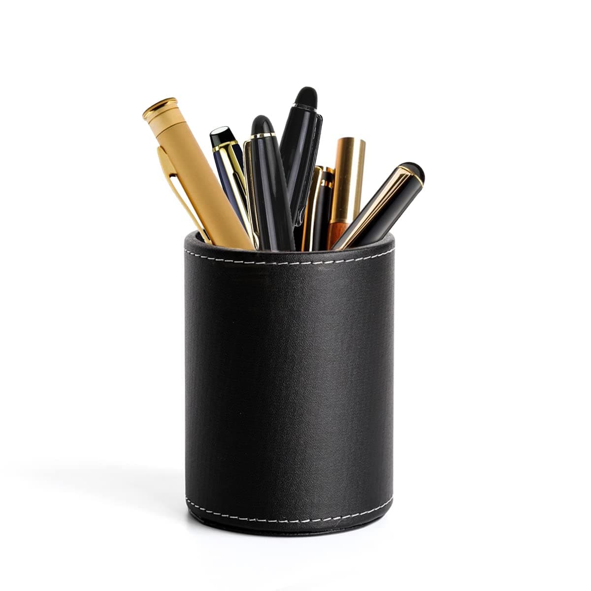 WHC Round Pencil Holder Faux Leather Black for Desk | Practical pen holder for office, school and home