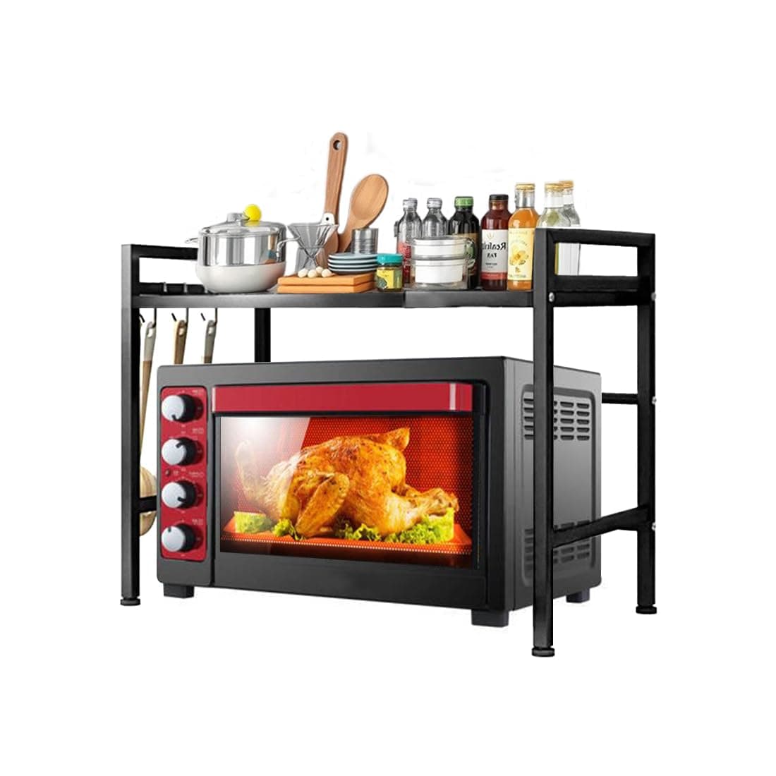2 Tier Microwave Shelf for Kitchen Counter, Height And Width Adjustable Microwave Oven Rack, Extendable Microwave Stand Rack With 3 Hooks (2 Tier)