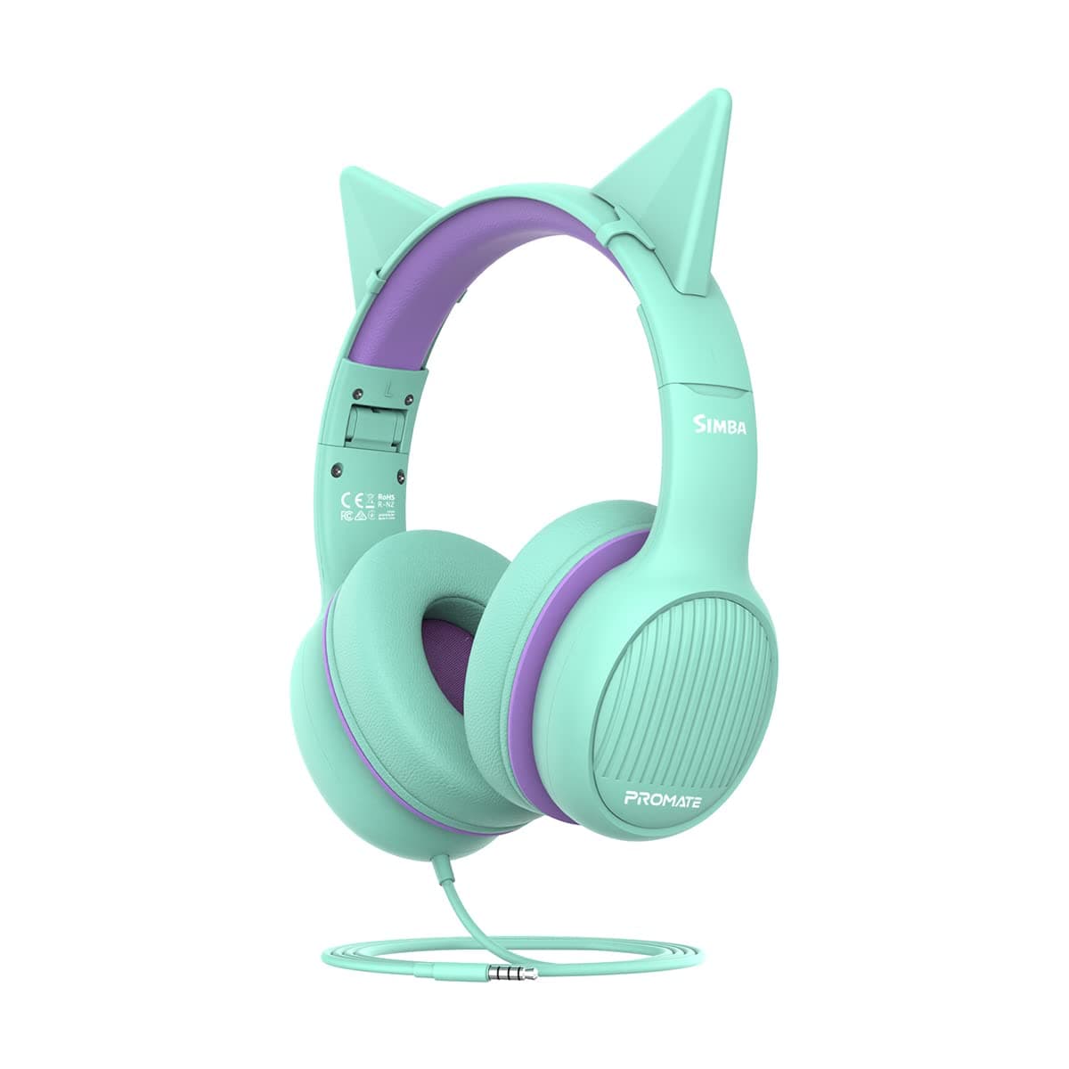 Promate Kids Headset,Cute Kids Safe Foldable Wired Over-Ear Headphones with Audio Share Port,Removable Cat Ears,Soft Earpads,Volume Controlled at 85dB and 1.2m Cable for Kids,3.5mm Devices (Emerald)