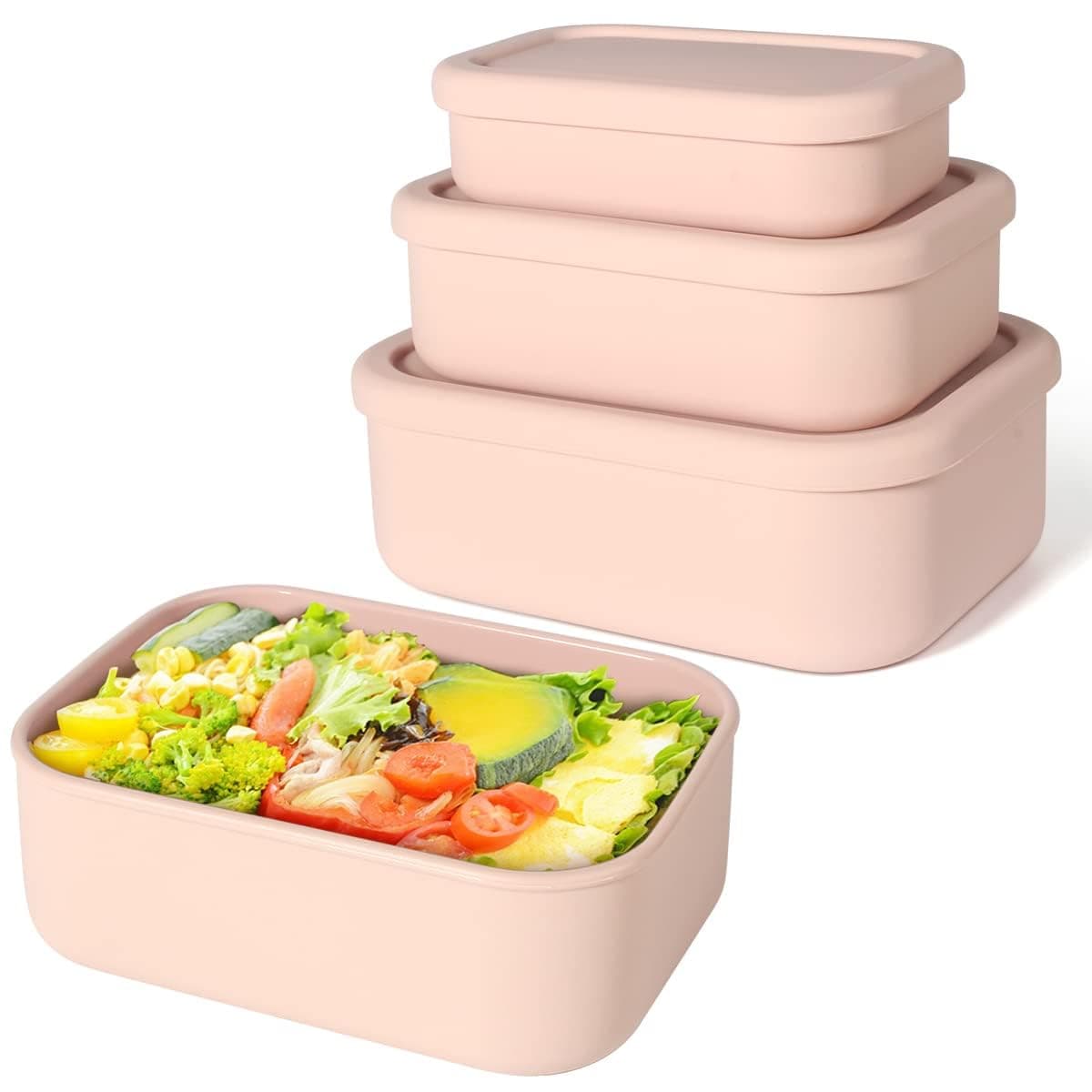 Silicone Food Storage Containers, Azonee Set of 3 Lunch Box Bento with Lids, Leakproof Food Container, BPA Free, Airtight, Microwave, Dishwasher and Freezer Safe (10oz, 23.6oz, 44oz)