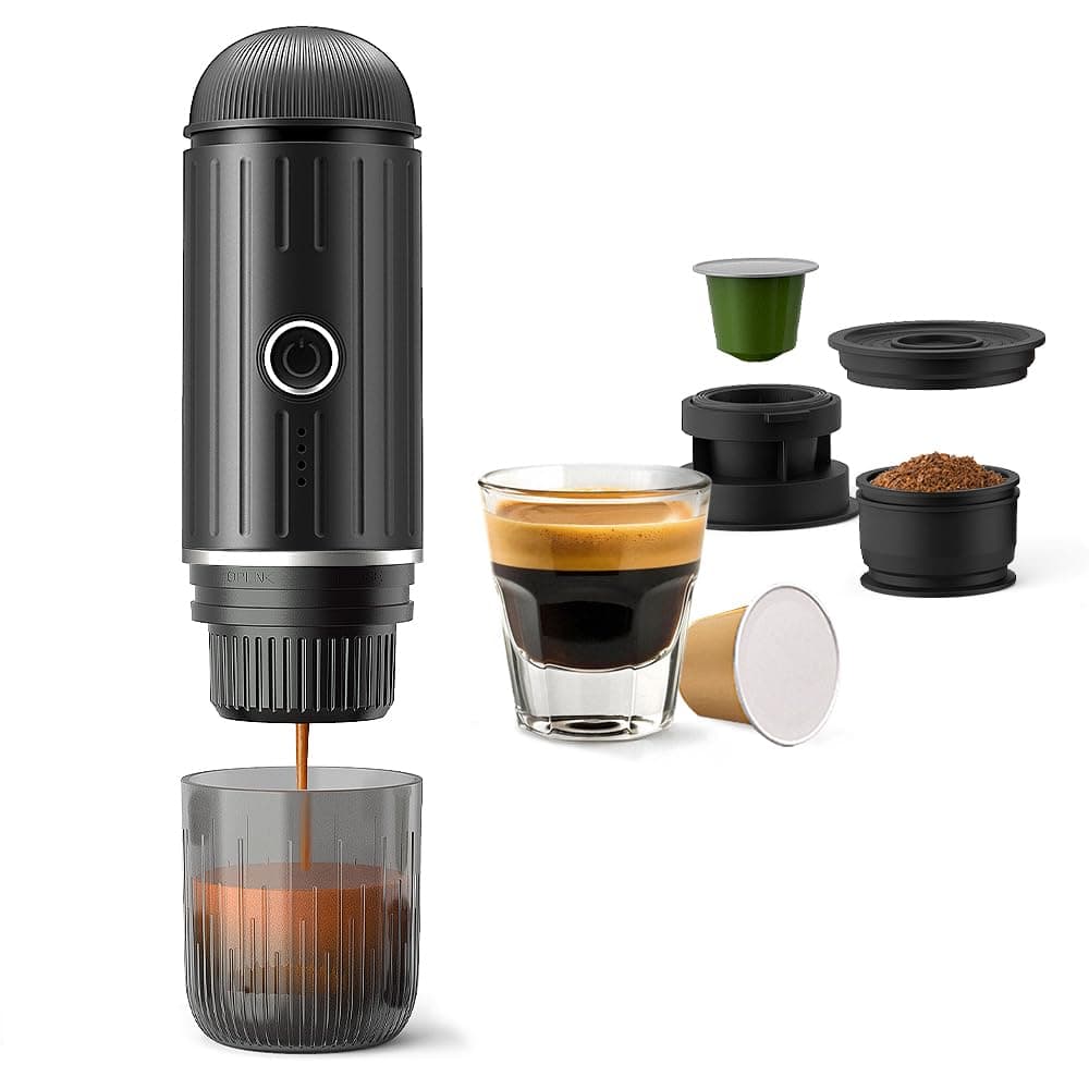 Portable Electric Espresso Machine, Travel Coffee Maker for Camping, On the Go Car Coffee Maker Self-Heating with USB-C, With Ground Coffee & N Espresso Capsule for RV/Hiking/Office, Black