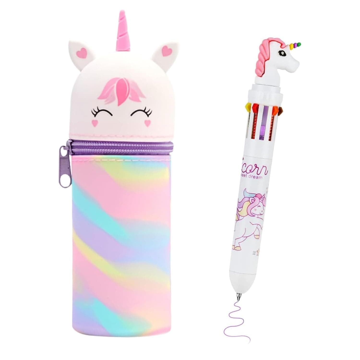 Set of 2 Pencil Cases Girls 2-in-1 Kawaii Pencil Case Unicorn & 10 Colours Roller Ball Multicoloured Pen Set for School/Office/Children - Learning Supplies with Zip