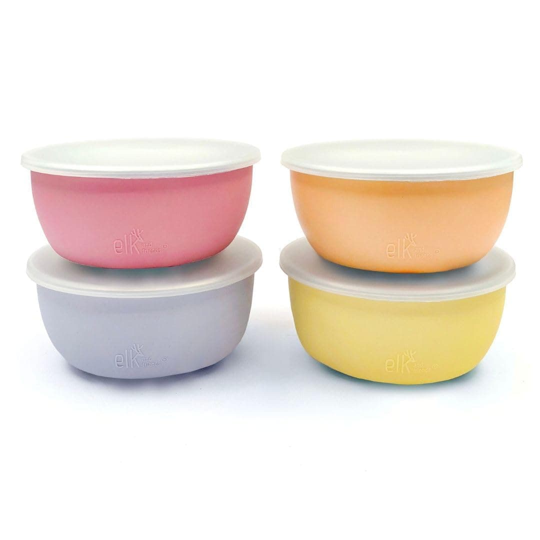 Elk and Friends 4pcs Stainless Steel Bowls + Silicone Cover and Storage Lid for Babies, Toddlers, Kids, Cereal Bowls and Snack Bowls, Storage Container, Dishwasher Safe, 4 Pieces