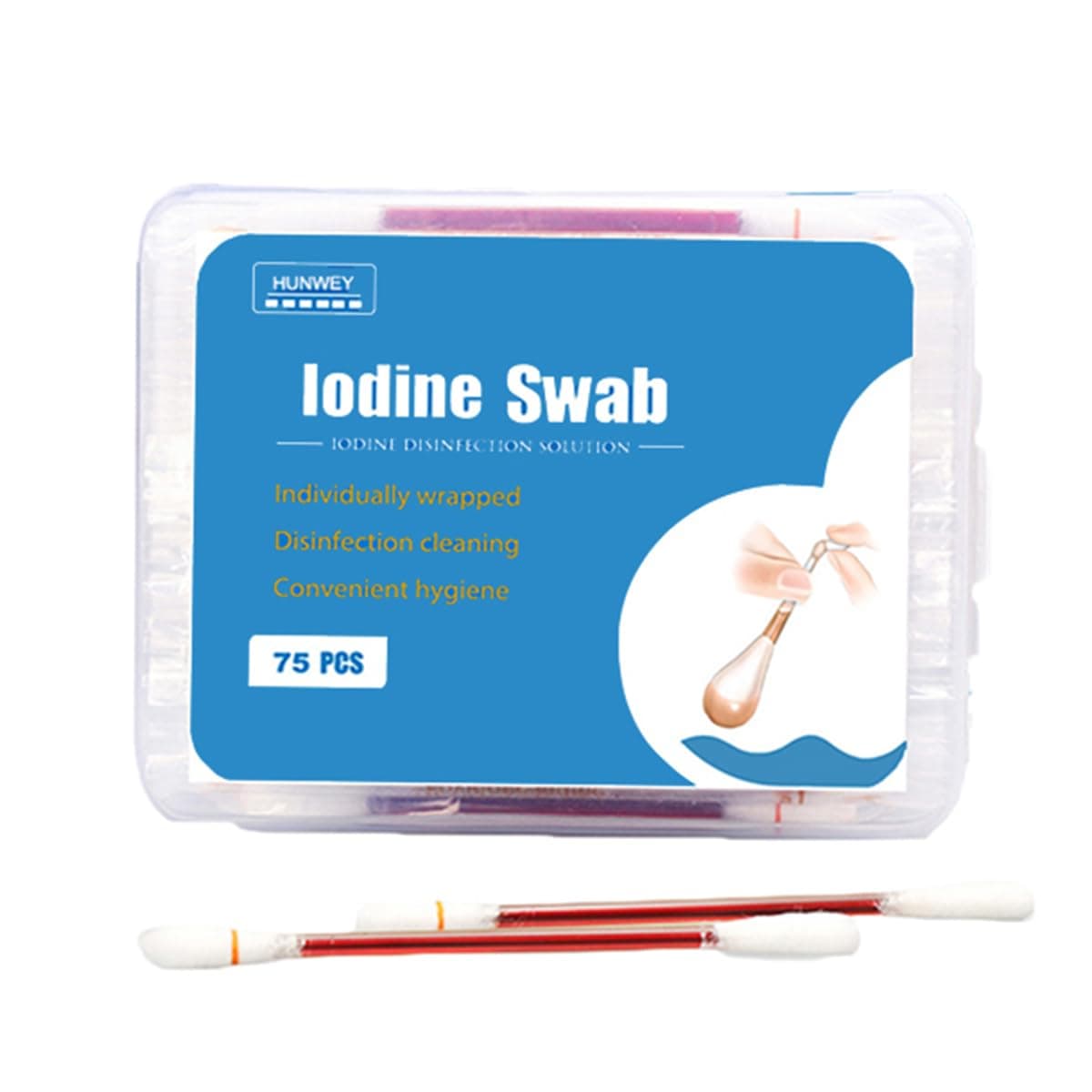 HUNWEY 75ct Disposable Iodine cotton swabs Emergency Care Sanitary Cotton Buds Tip for Women Men Baby
