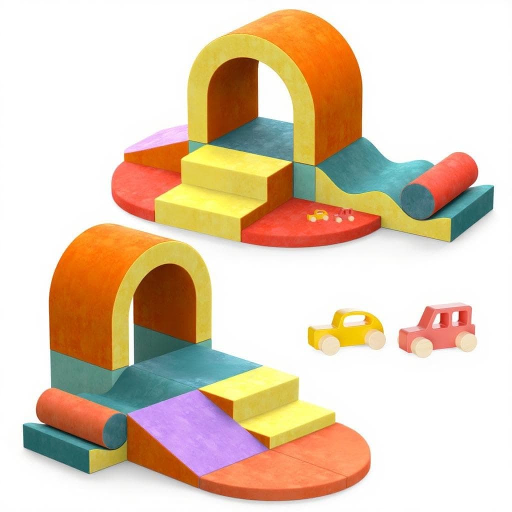 10 PCS Color Foam Climbing Blocks for Toddlers, Soft Play Set with Toy Car, Climbing Blocks for Toddlers 1-3, Indoor Climb and Crawl Soft Play Set