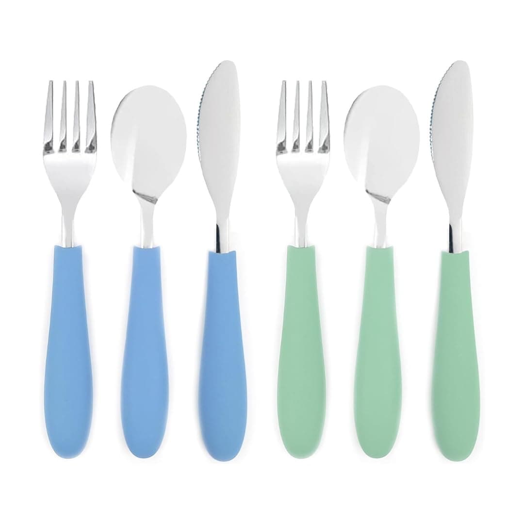 Elk and Friends Kids Silverware with Silicone Handle | Childrens Safe Flatware | Kids Utensils | Spoon + Fork + Knife set | 4 years+ | 6 Pieces | Kids Utensils | Stainless Steel Cutlery | Spoons, Forks + Knives | Childrens Flatware | Dishwasher Safe | 4+ Years