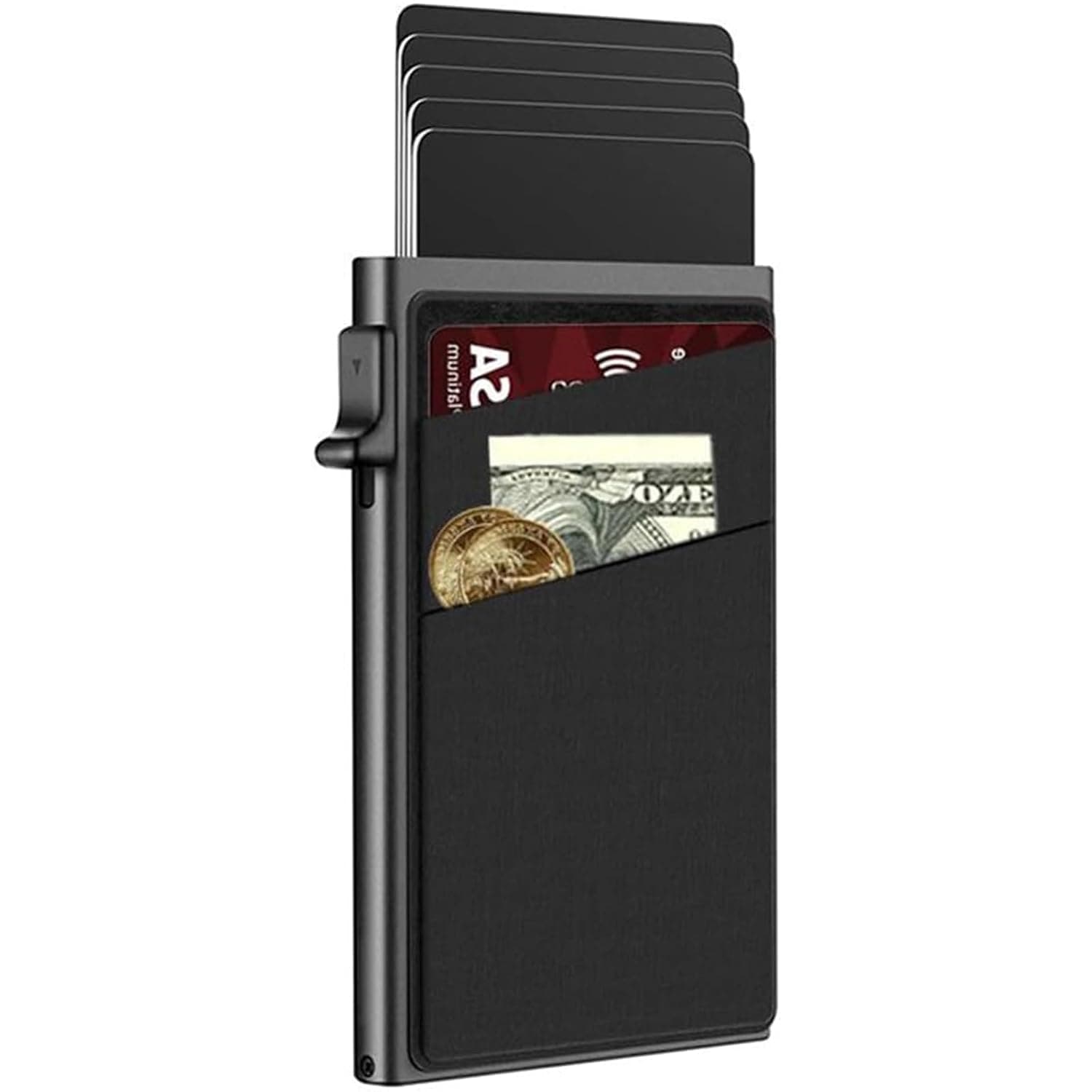 Credit Card Holder,Pop up Card Holder RFID Blocking Minimalist Business Credit Card Wallet with Money Pocket Metal Card Case for Notes and Coins and Debit Cards Black