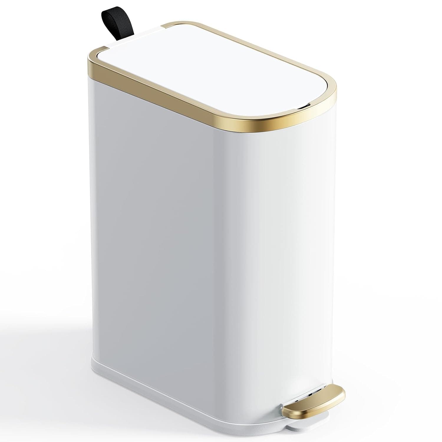 Small Bathroom Trash Can with Lid Soft Close-7L/1.8 Gal Slim Garbage Can-Metal Step Wastebasket-Rectangle Narrow Waste Bin for Office, Bedroom, Toilet, Live Room (White)