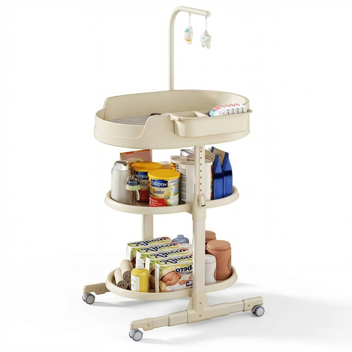 Portable Baby Changing Table, Foldable Diaper Changing Station with Wheels, Adjustable Height & Waterproof Pad, Mobile Nursery Organizer for Infant Care & Essentials (Beige)
