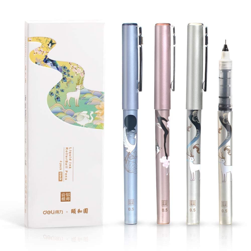 Leven Deli 4 Pack Black Rolling Ball Pens, Premium Fine Point 0.5mm Liquid Ink, Quick Dry, No Smear No Bleed