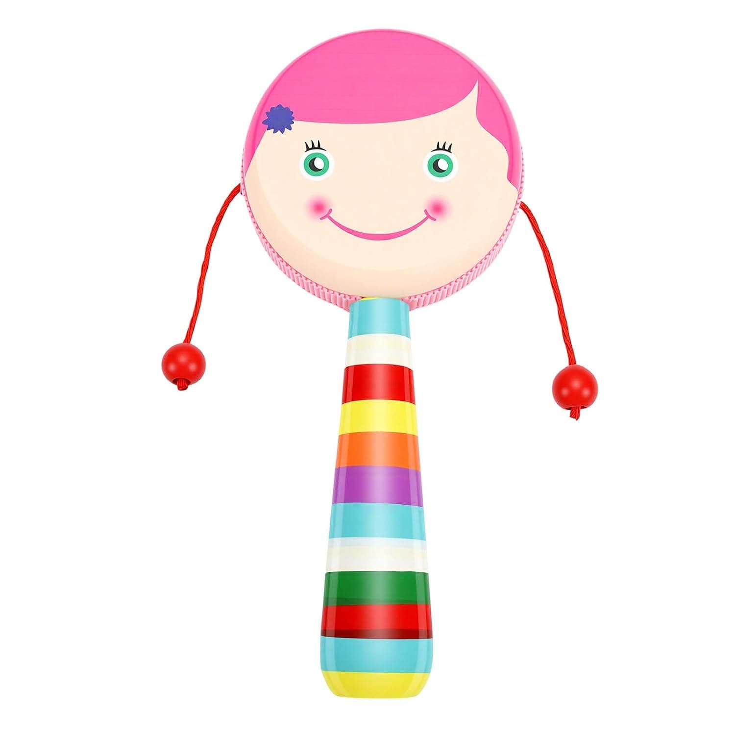 Fafeicy Wooden Rattle Drum, Safe Wood Cartoon (Pink) | Baby Rattle Toy with Gentle Beads Sound, 17.5cm for Infant Education