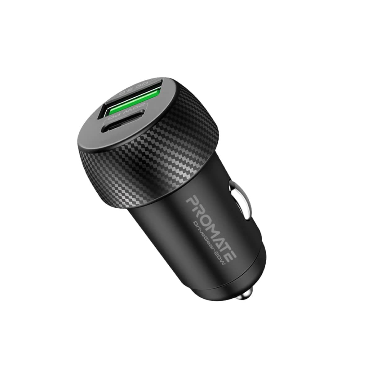 Promate USB-C Car Charger with 20W USB-C Power Delivery Port and 18W QC 3.0 USB Port, DriveGear-20W