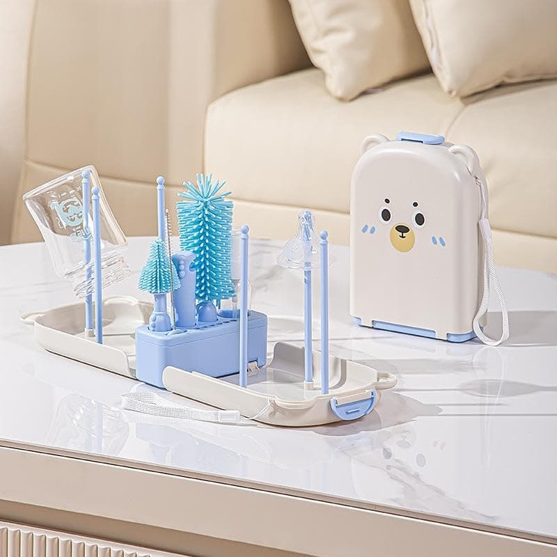 Paporich Blue Travel Bottle Cleaner Kit with Drying Rack, 6-in-1 Baby Bottle Washer & Silicone Brush Set for Pump Parts, Nipples & Straws, Portable Baby Travel Essential in Compact Case