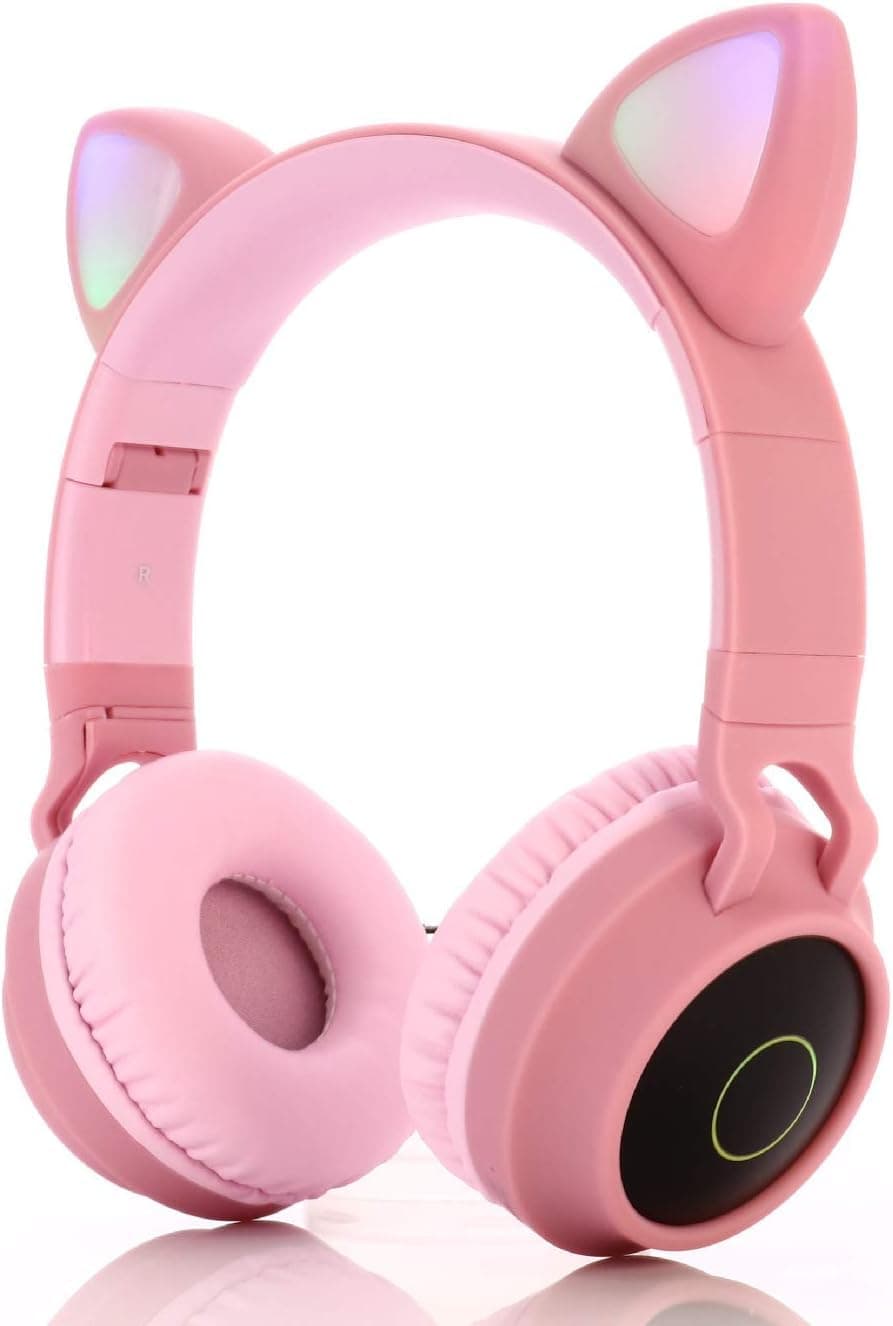 Ausear New Girl's Cute Cat Ear Headset, Wireless Cartoon Bluetooth Game Headset, 5.0 Stereo Handsfree Headphone Audio Bluetooth Headset Earphone-pink