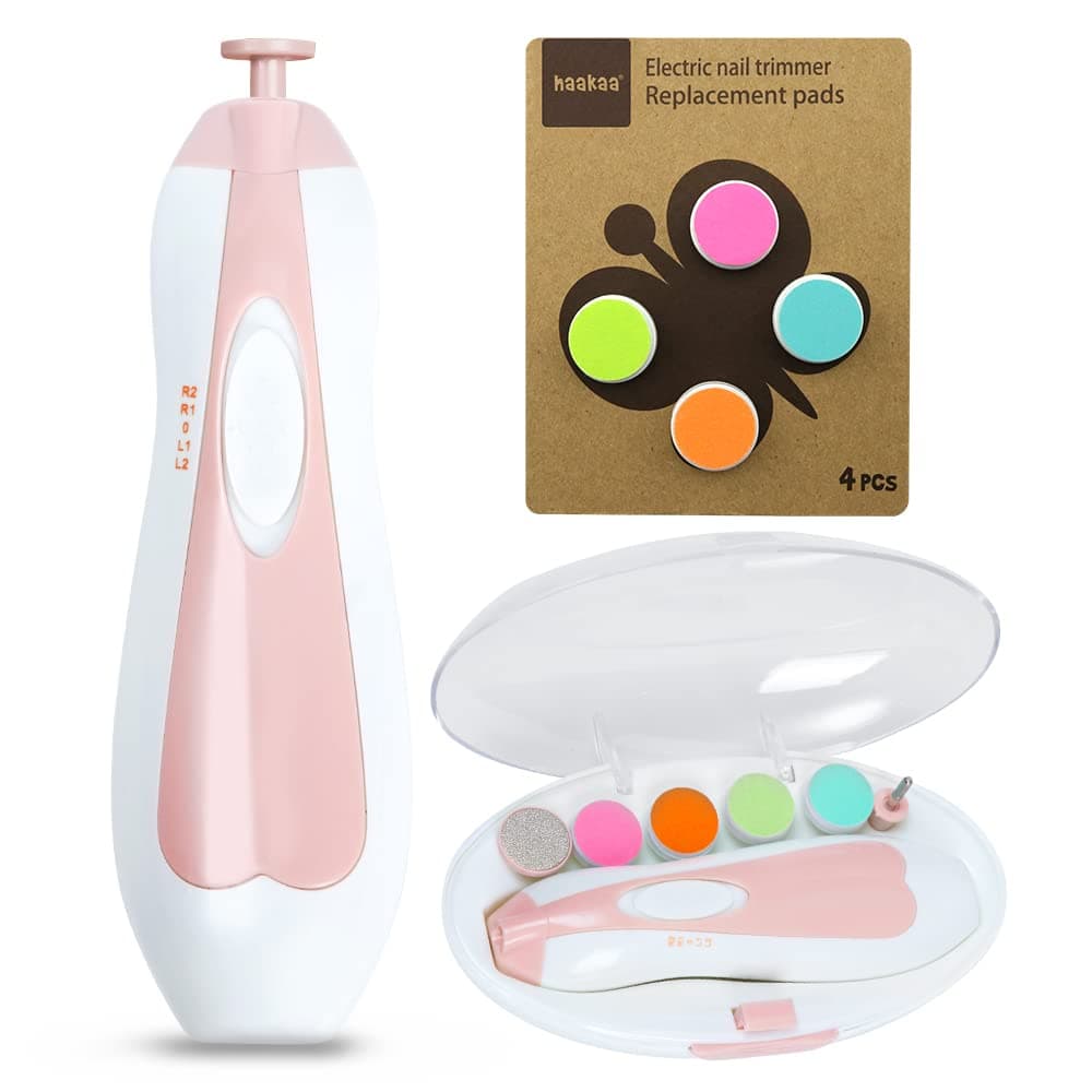 haakaa Baby Nail Trimmer with Replacement Pads Set Electric Baby Nail File Baby Nail Clippers Safe Baby Grooming Kit, Whisper Quiet with Led Light, for Newborn, Toddler and Adult Fingernails Care