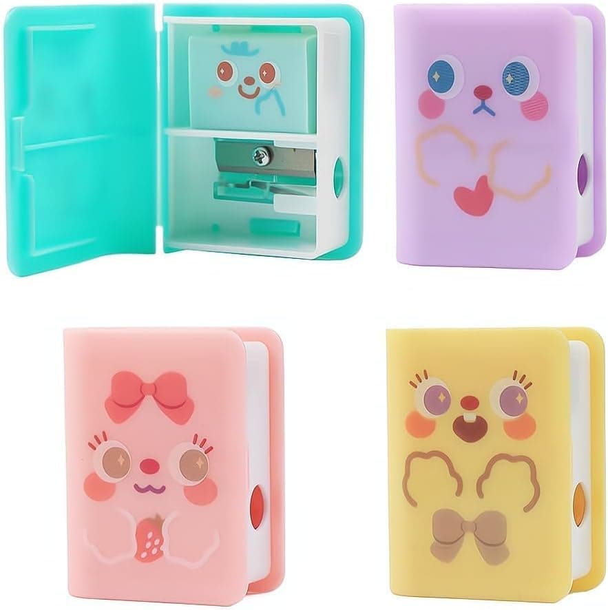 4 Pcs Dual Purpose Pencil Sharpener Eraser – Cute Cartoon Book-Shaped Stationery Set for Kids, School & Office Fun Student Supplies, Compact Sharpener with Eraser Combo