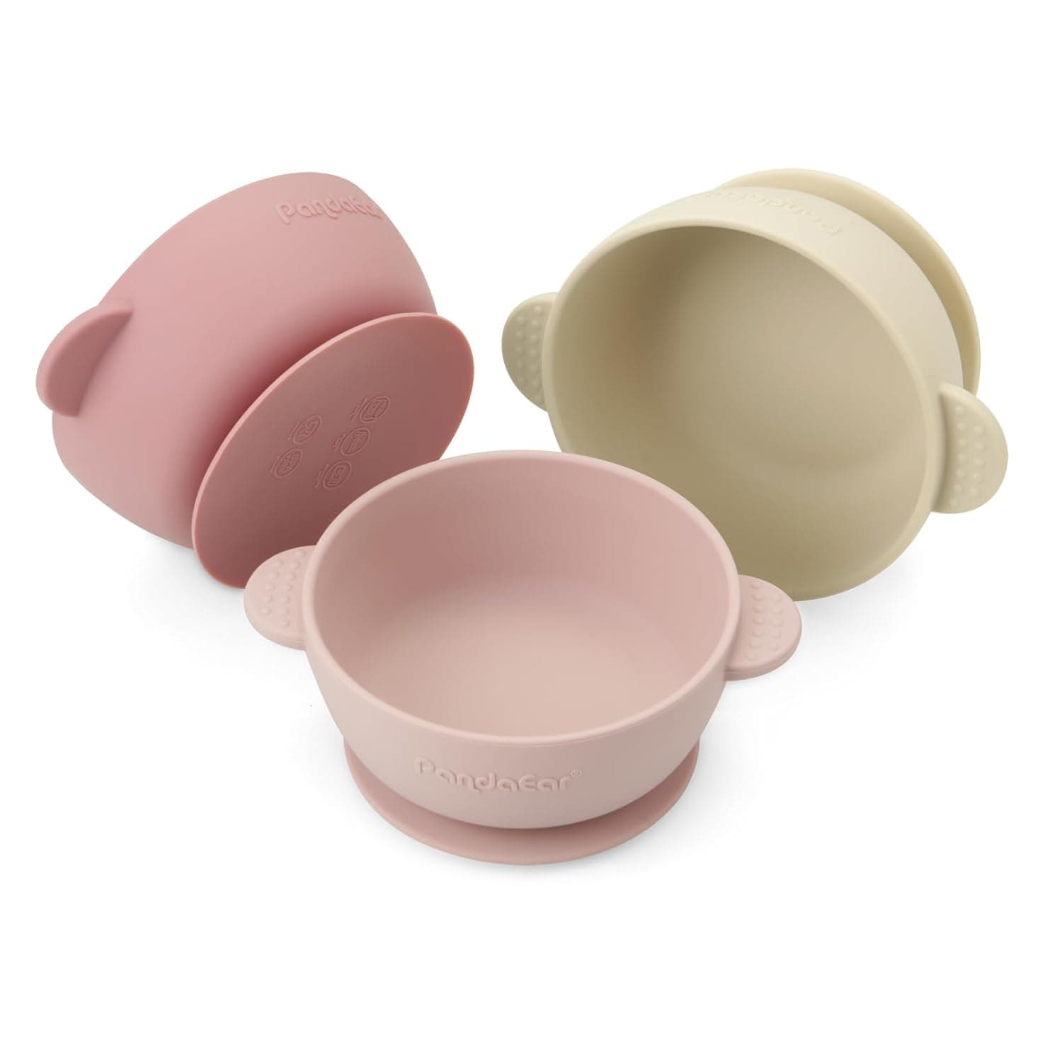 PandaEar 3 Pack Silicone Baby Bowls with Suction| Stay Put Suction Bowls for Babies Kids Toddlers Infants| Large Cup Base| Food Grade Soft Safe BPA-Free (Pnk/Rose Red/Linen)