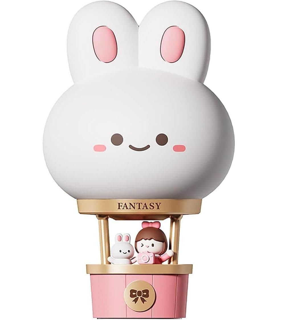 Tazweeq Cute Bunny Hot Air Balloon Rechargeable Night Light, Safe Soft Silicone Material, Tap Control 3 Brightness Levels, Warm Light Toddler Sleeping Lamp, Bedroom Night Lamp, Gift for Baby Kid