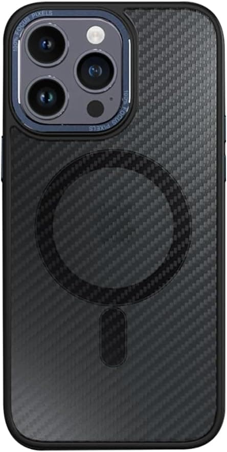 جراب من الياف الكربون لموبايل ايفون 15 للشحن اللاسلكي N52 من لاميس مصنوع من مادة عسكرية مغناطيسية فائقة القوة (ازرق داكن كربوني، ايفون 15)، حافظة بسيطة