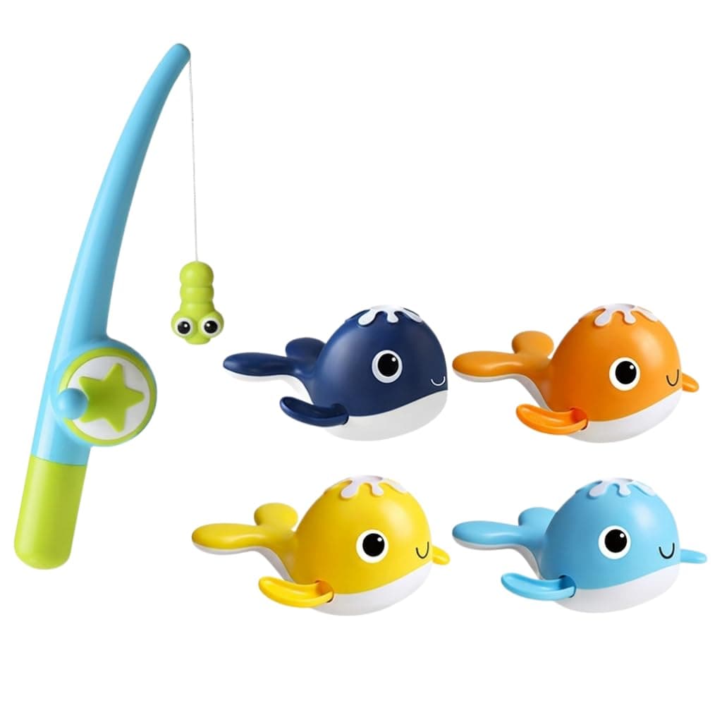 Baby Bath Toys Set, Magnetic Fishing Game with Wind-Up Swimming Whales, 1 Fishing Pole, BPA-Free Water Toys for Toddlers 18 Months & Up (Magnetic fishing rod + 4 swimming whales)
