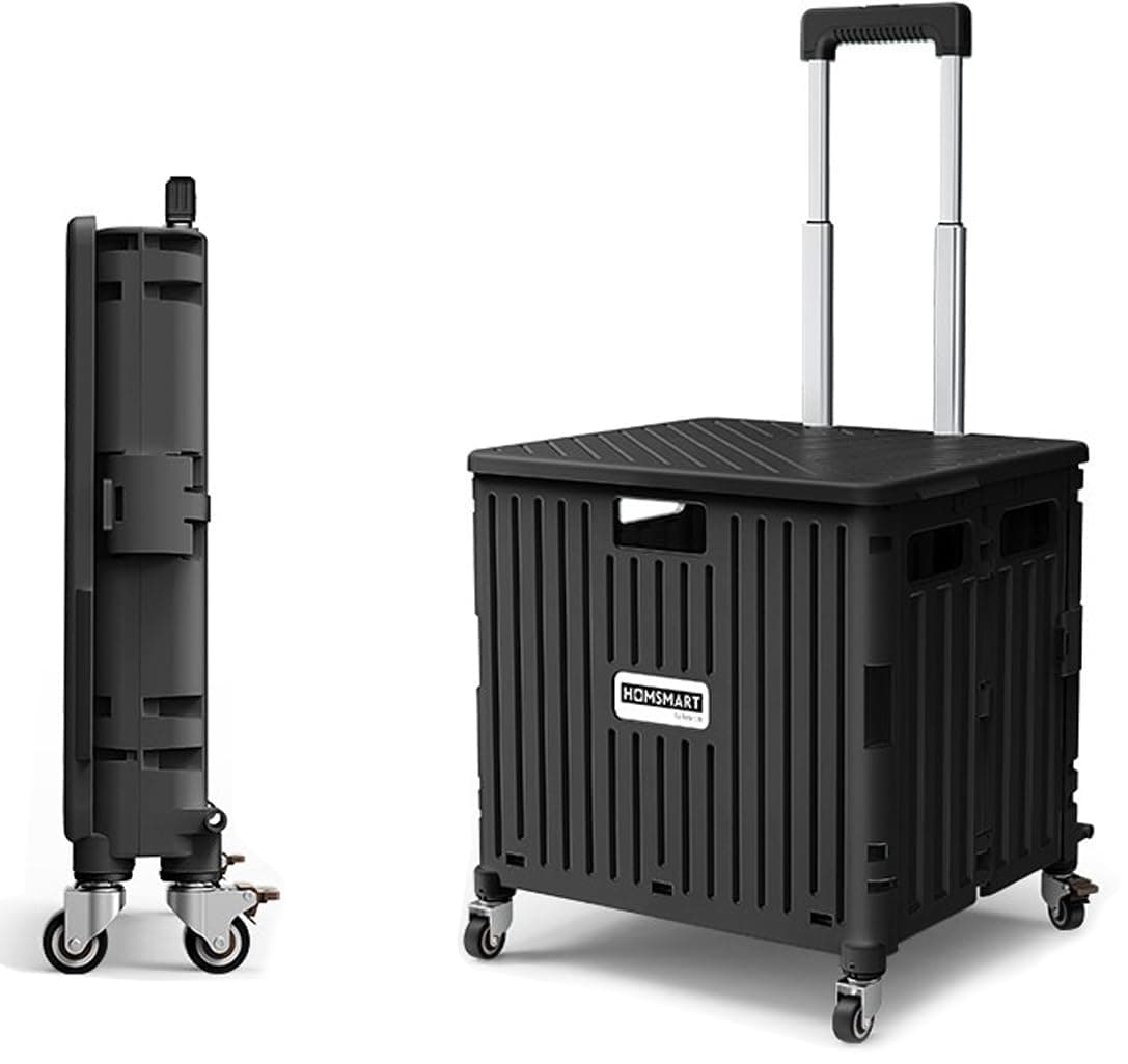 65L Foldable Utility Rolling Shopping Cart,Heavy Duty Rolling Grocery Cart on 4 Wheels,Portable Collapsible Shopping Cart with Telescoping Handle for Tourist Shopping Office Outdoor (black)
