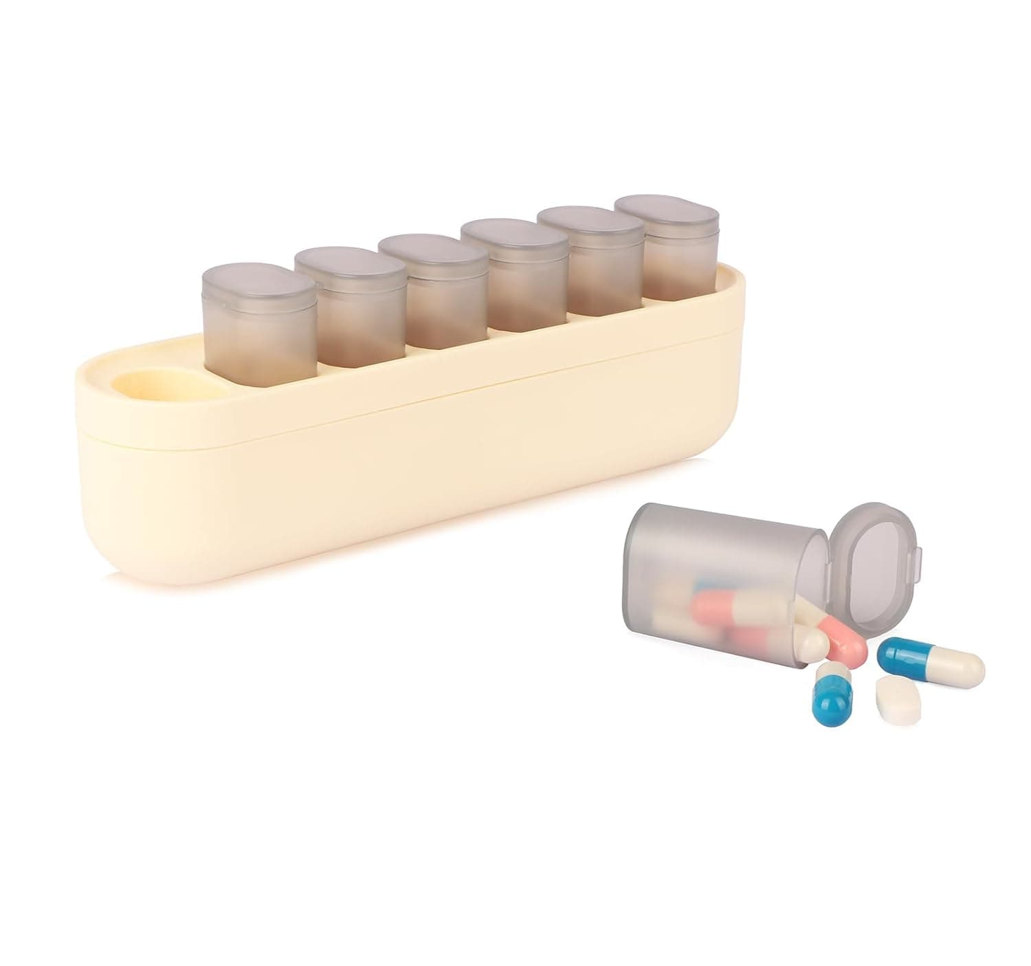 7-Day Weekly Pill Organizer with 7 Small Tubes for a Week - Compact Travel Pill Case for Daily Medication Management, Perfect as a Vitamin or Supplement Organizer, Travel Pill Container (Beige)