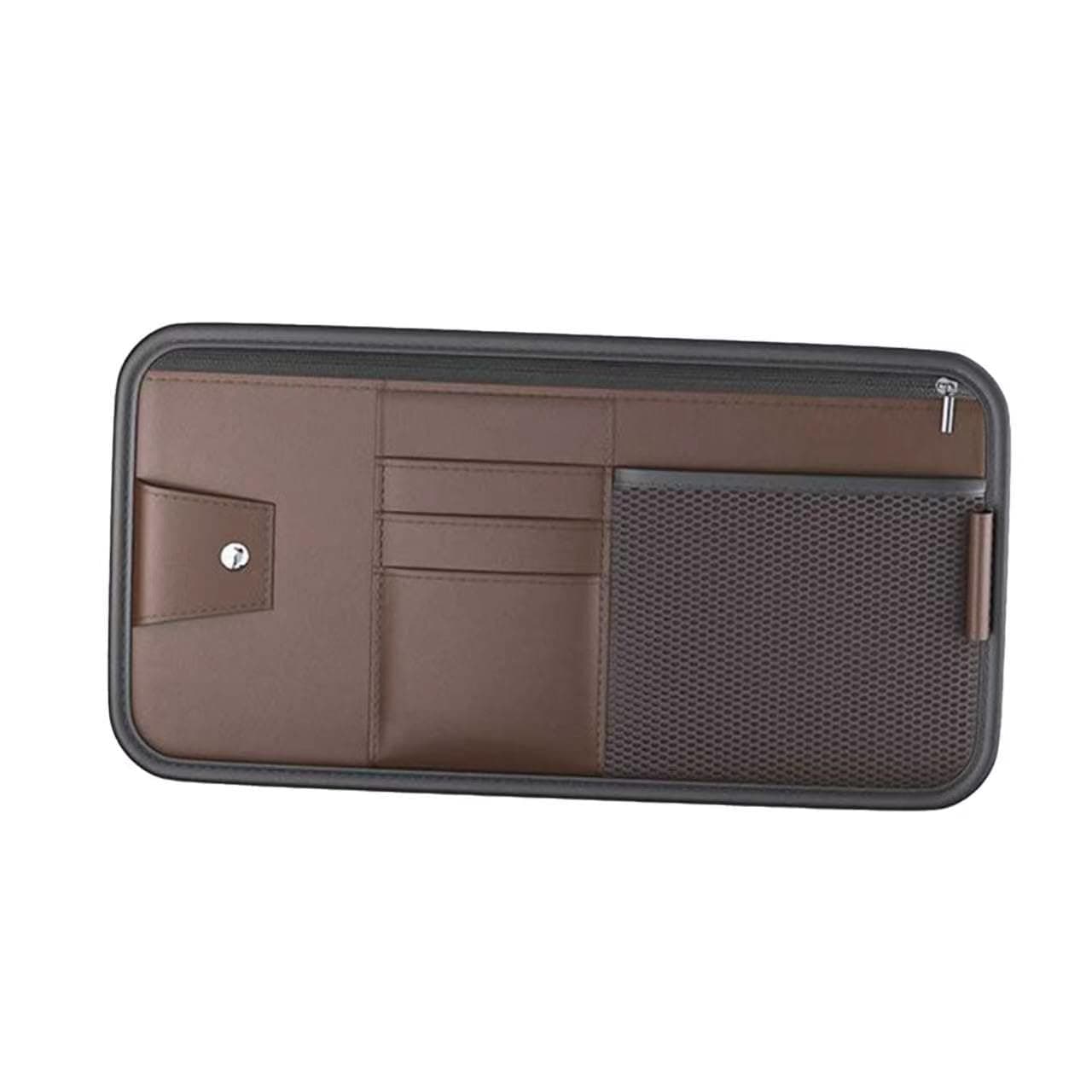 Car Sun Visor Organizer with Glasses Holder, Visor Storage Pouch with Card Slots, Mesh Pocket and Zipper Compartment, Auto Sunshade Organizer for Sunglasses, Cards, Receipts and Pen (Brown)