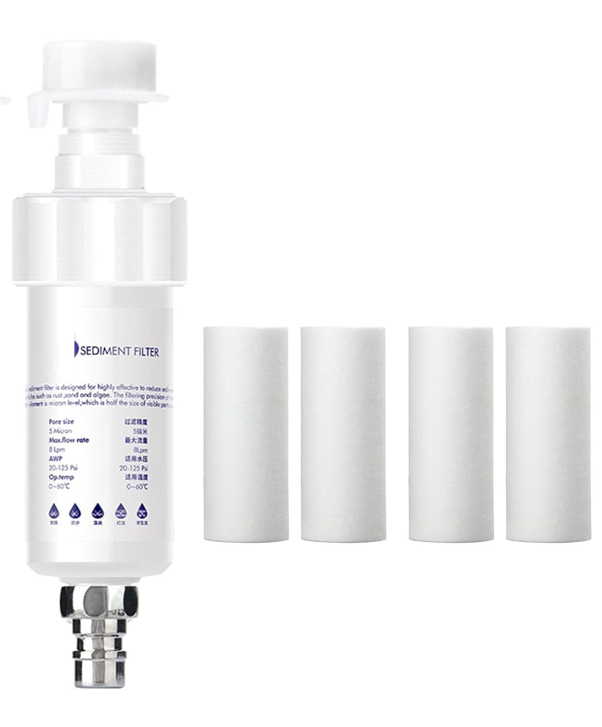 Sediment Universal Water Filter with 4 Replacement Cartridges, In-Line Shower and Washing Machine Filter System, Reduces Hard Water and Sediment, 5 Micron Filtration