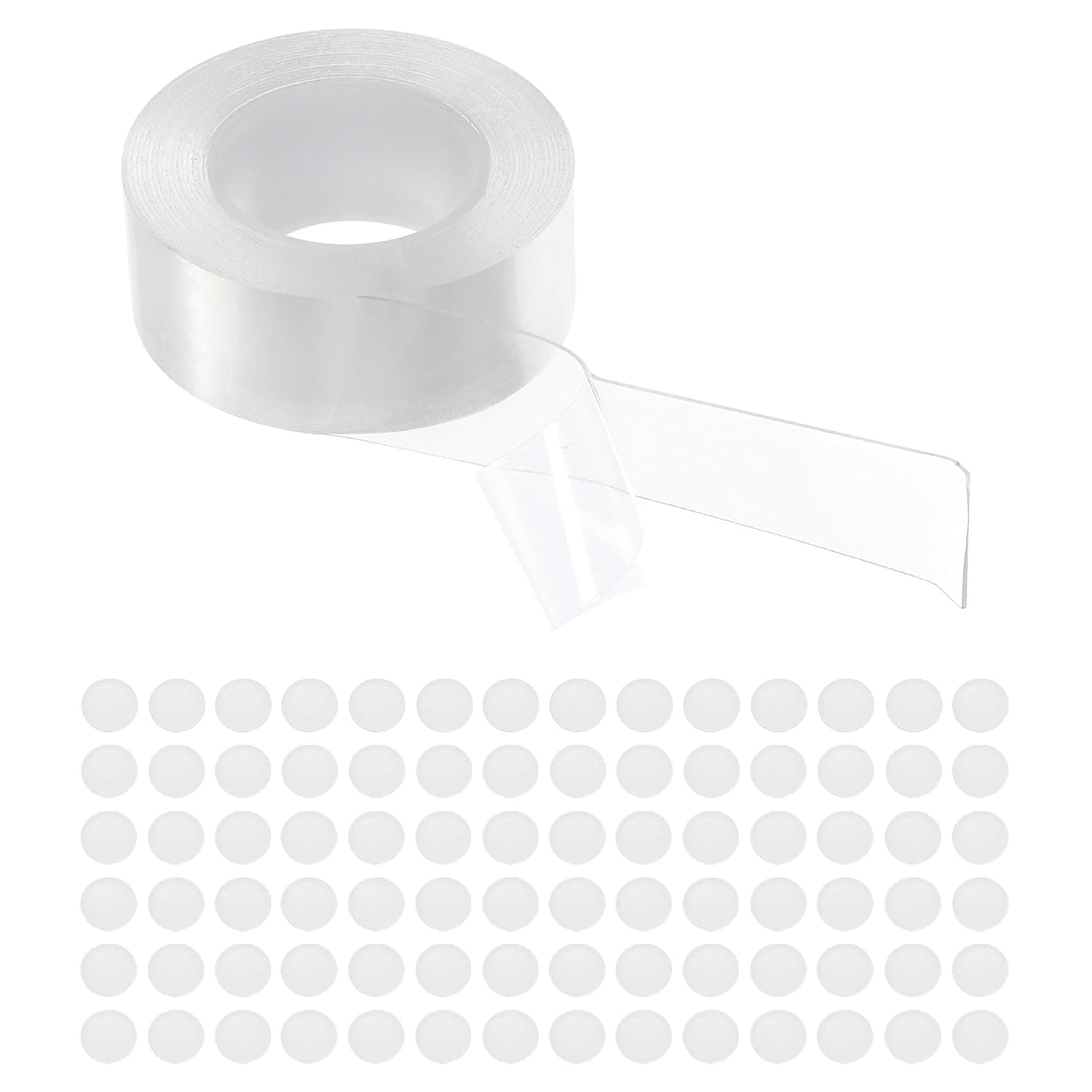 Double Sided Nano Adhesive Tape, KASTWAVE Heavy-Duty Transparent Mounting Tape for Walls, Picture Hanging, DIY Decor, 1 Roll 3mx25mm Strip & 100pcs 8mm Circles, Waterproof, Residue-Free