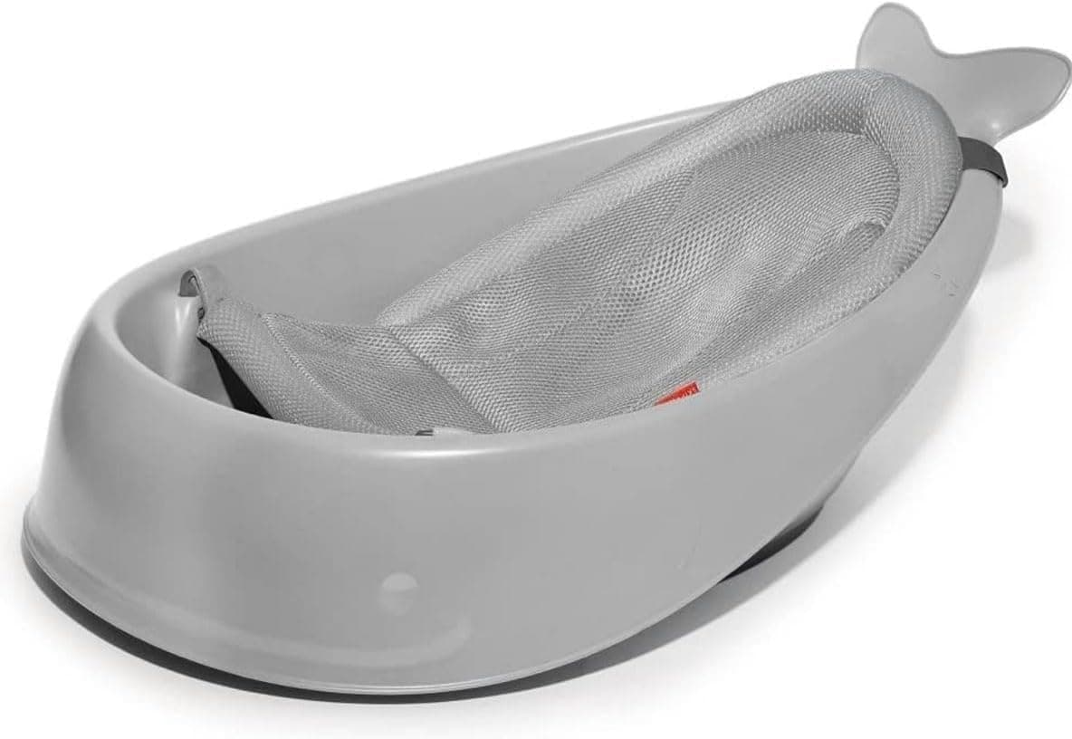 Baby Bath Tub with Bathmat Cushion, Whale Baby Bathtub with Drain Hole, Shower Basin with Non-Slip for Baby Boy Girl(Grey)