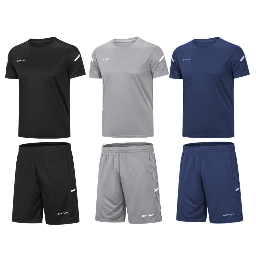 BUYJYA Men's Workout Clothes Athletic Shorts Shirt Set 3 Pack for Basketball Football Exercise Training Running Gym