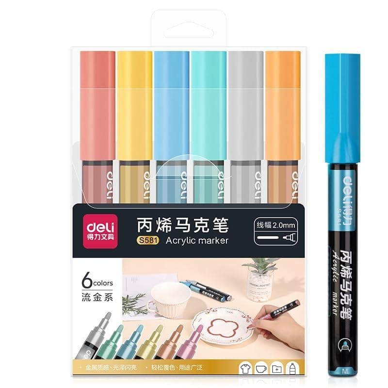Deli 141625 2 mm Acrylic Marker Pen Set with Waterproof Ink 6-Pieces