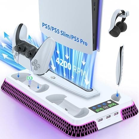 حامل نحيف وقاعدة تبريد لجهاز بلاي ستيشن 5 / قاعدة شحن لوحدة تحكم شاحن وحدة للاقراص والرقمية مع مروحة لون ابيض لامع، من اكسين