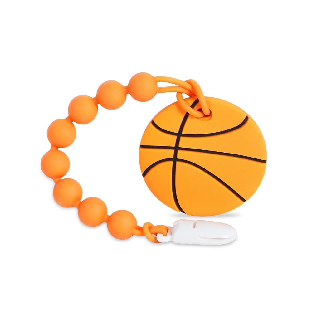 Baby Sports Ball Teething Toys,Food Grade Silicone Teether with One-piece Pacifier Clip Holder,Shower Gift,Teething Pain Relief for 3 Months+ Boy and Girl,BPA Free,Freezer Safe. (Basketball)