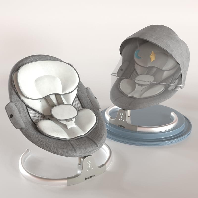 BAYBEE Lullabies Automatic Electric Swing Cradle for Baby with Adjustable Speed, Recline, Remote | Baby Rocker with Mosquito Net, Safety Belt, Music (Dark Grey)