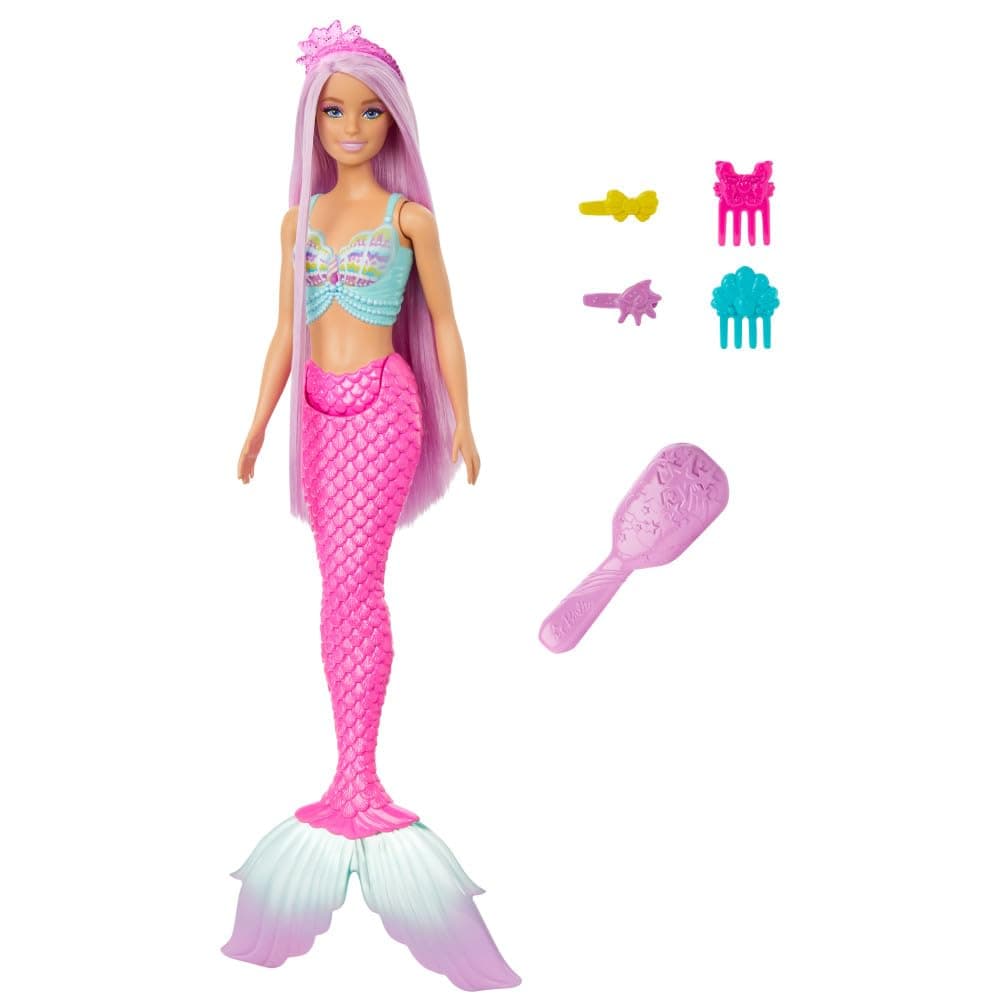 Barbie Mermaid Doll with 7-Inch-Long Pink Fantasy Hair and Colorful Accessories for Styling Play like Headband and Barrettes