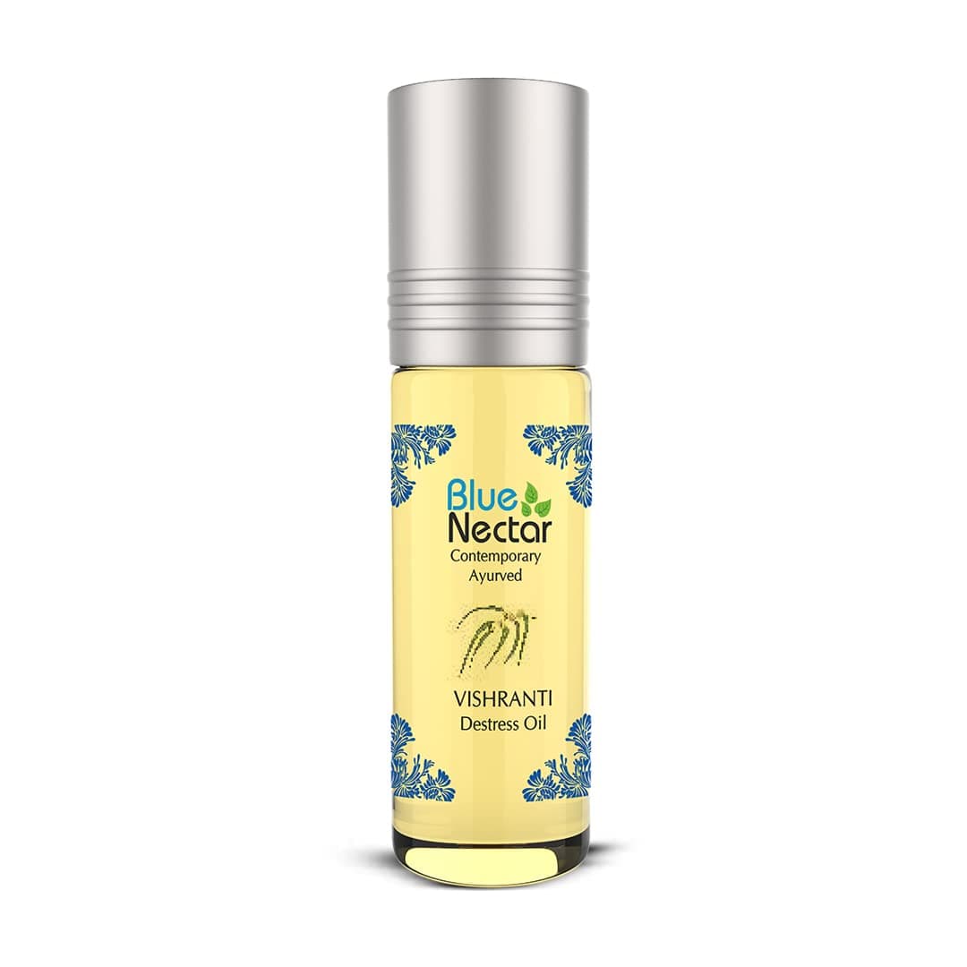 Blue Nectar Vishranti Migraine and Headache Relief Oil Roll on and Meditation Oil with Cinnamon, Clove, Ginger, Mint Essential Oils and 9 Ayurvedic Herbs, 100% Natural - 9 ml