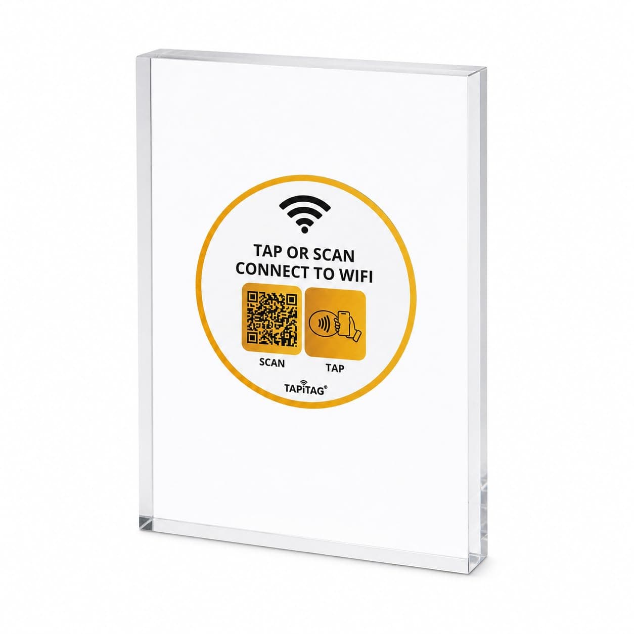 TAPiTAG WiFi Porter A6 Clear Acrylic Stand with NFC & QR Code, Easy WiFi Access, Tap View Copy Connect, No Subscription, White/Gold Tag