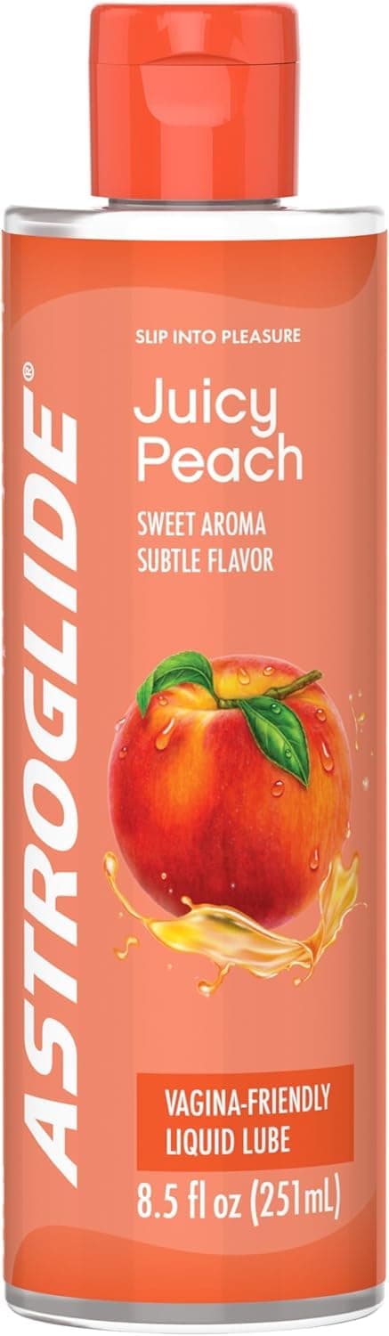 Astroglide Juicy Peach, 8.5 fl oz | Juicy peach flavor water-based lube with delicious taste. Hypoallergenic, l-safe, condom-compatible sensory pleasure.