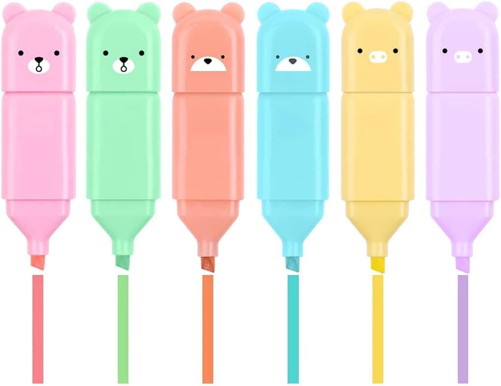 Novelty Cartoon Bear Highlighter Pens, Pastel Colors, Mild Soft Chisel Tip Pastel Highlighters Marker Pens, for Adults Kids Students, Office School Supplies (6 Pcs)