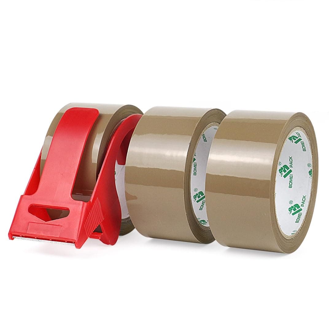 BOMEI PACK 3 Rolls Brown Quiet Packing Tape 48mm x 50m Silent Box sealing Heavy Duty Moving Parcel Tape Tan for School Supplies Office Industrial