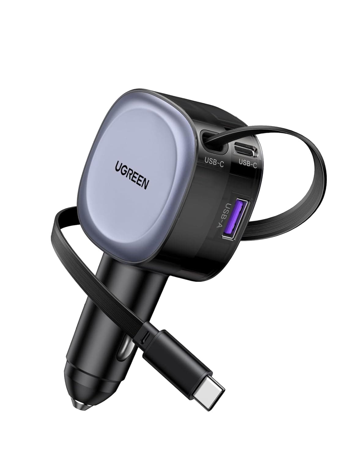 UGREEN 75W Retractable Car Charger With Built-in 60W USB C Cable 75cm, Type C Car Charger Fast Charging 3 Port Automobile Phone Charging Adapter, for iPhone 17 Series,MacBook Pro/Air,Samsung S25 Ultra