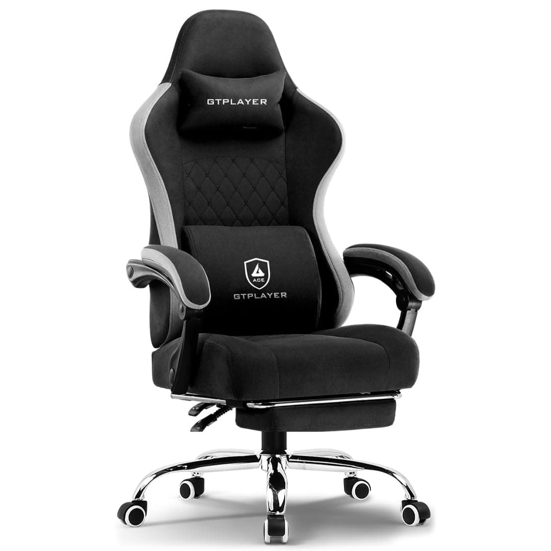 GTPLAYER #1USA Ergonomic Gaming Chair Fabric with Pocket Spring Cushion, Footrest & Armrests – Computer Video Game Desk Chair with Adjustable Lumbar Support & Headrest for Gaming & Office (Black) | Breathable fabric, lumbar cushion, adjustable headrest, linkage armrests, Class-4 gas lift and 360 degree swivel