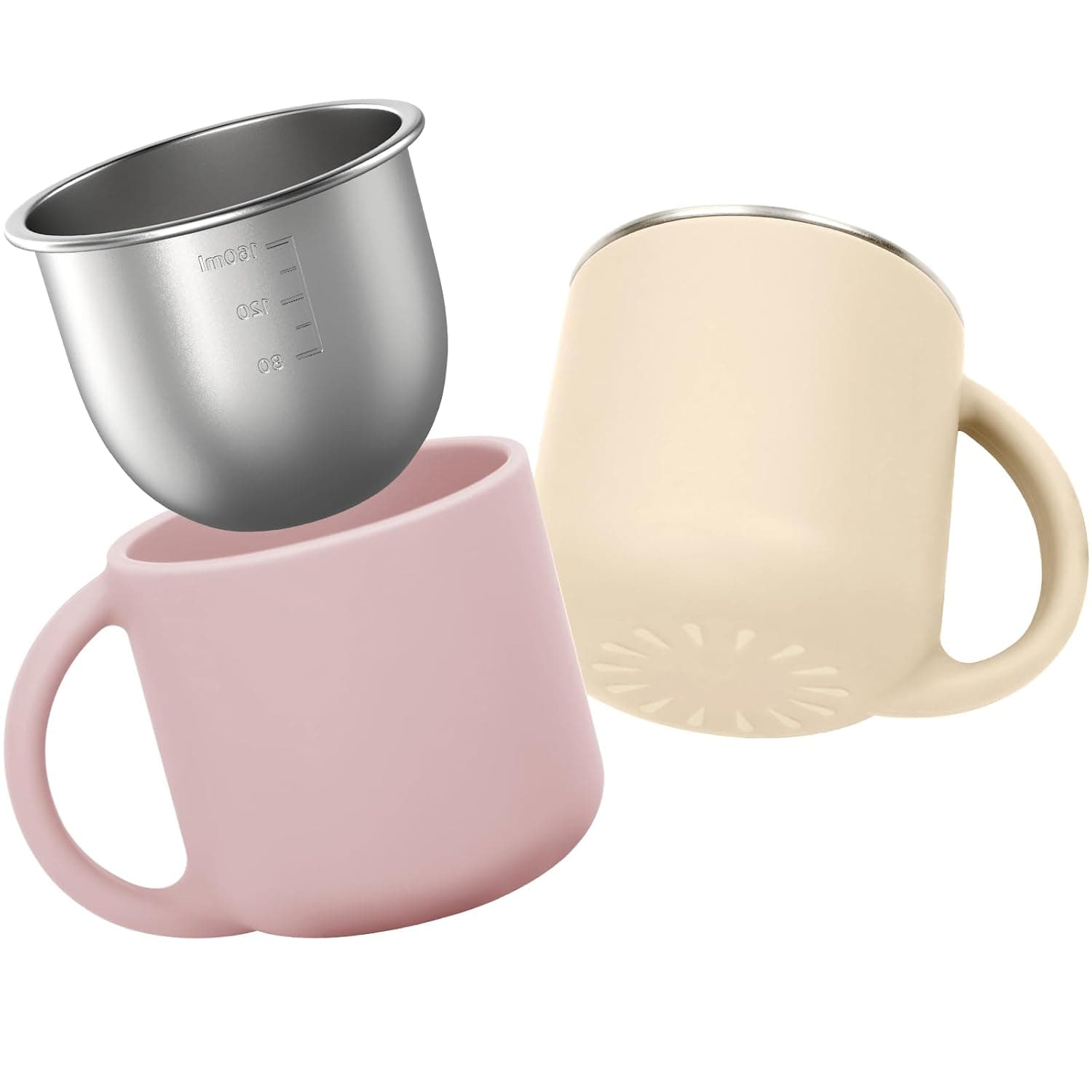 Bakpoco 2-IN-1 Open Baby Cups, Stainless Steel Tiny Cup + Silicone Training Cup for Toddlers Kids Babys, No Plastic Taste | No Soap Smell | Shock-proof BLW Feeding Essentials, 2-Pack, Blush/Beige
