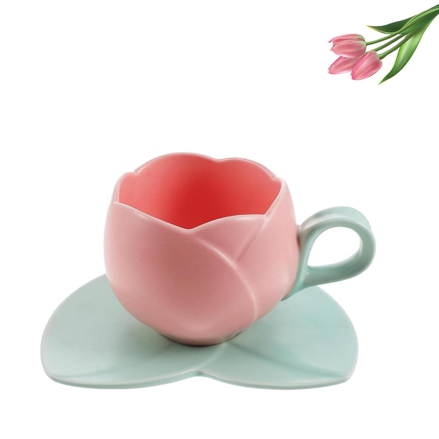 Ceramic Coffee Mug with Saucer Set, Creative Tulip Cup Unique Irregular Design for Office and Home, Dishwasher and Microwave Safe, Cute Cup for Latte Tea Milk (300ML)