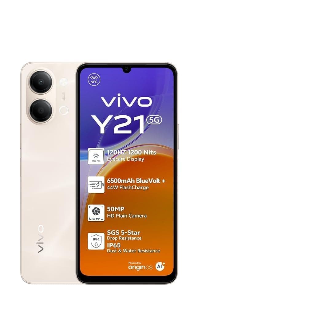 vivo Y21 5G (Gold, 4+4GB RAM, 256 GB) 6500mAh, 44W charger | 120 Hz | IP65 | NFC | TWS Earbuds, 24 Months Warranty