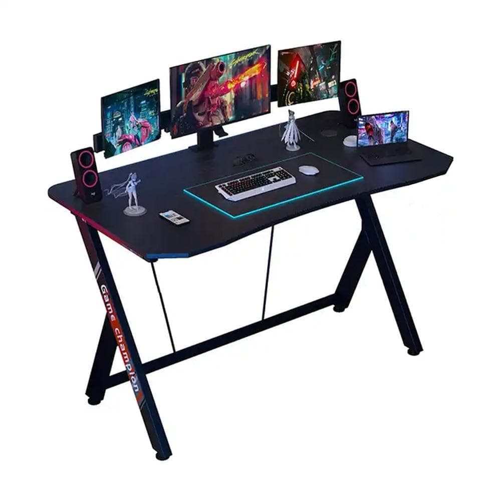 AGD Gaming Desk 120cm, Home Computer Desk, Workstation with Carbon Fiber Surface, Gaming Table with Headphone Hook and Cup Holder (Black)