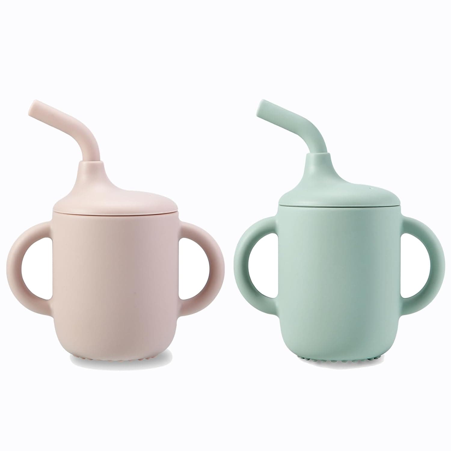 PandaEar 2 Pack 100% Silicone Baby Straw Cups, Toddler Sippy Cup for Babies 6-12-18 Months, Spill Proof Tiny Drinking Training Cup with Handles & Straw for Baby and Toddler (Pink Green)