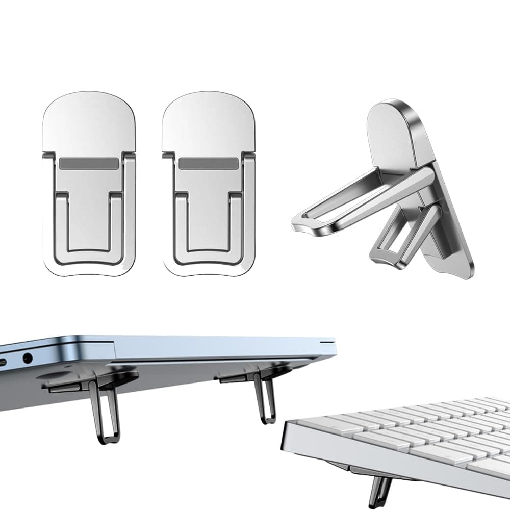 2PCS Zinc Alloy Mini Foldable Laptop Stand, Portable Computer Keyboard Riser with 2 Adjustable Angles, Self-Adhesive Invisible Notebook Stand and Keyboard Lift for Desk (Silver)